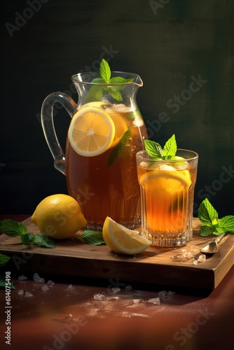 Iced tea with lemon slice and mint . Generative AI