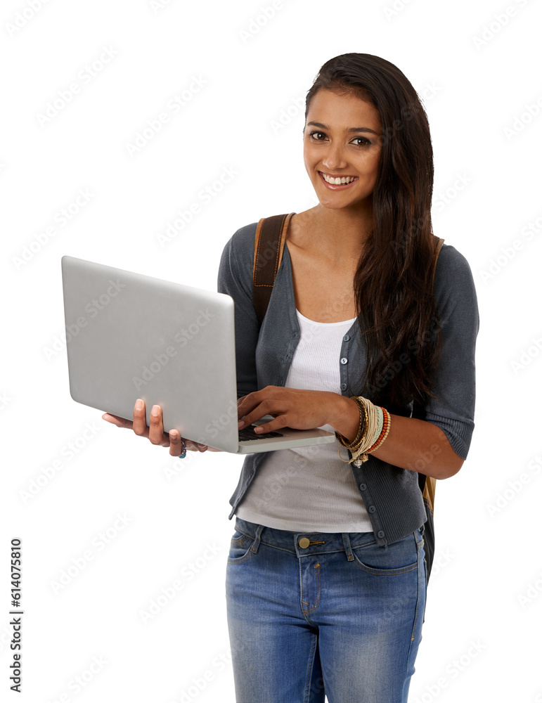 Woman, laptop and portrait with university elearning and study with technology and backpack. Young female student, computer and isolated on a transparent, png background with a smile from education Woman, laptop and portrait with university elearning and study with technology and backpack. Young female student, computer and isolated on a transparent, png background with a smile from education