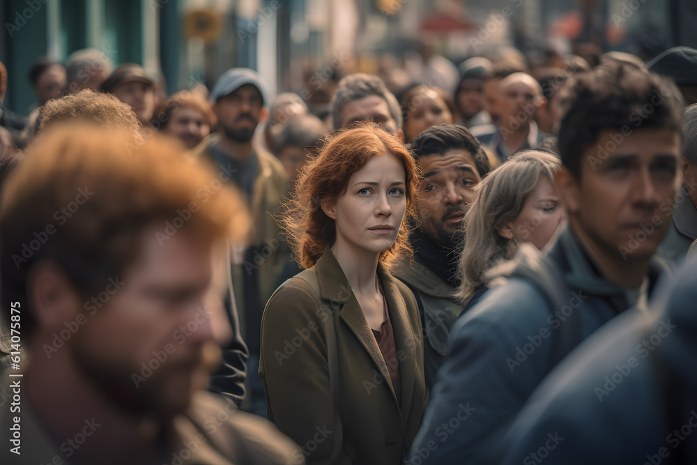 Red-haired girl in a crowd of people look. Generative AI. Red-haired girl in a crowd of people look. Generative AI.
