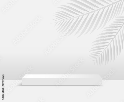 Vector 3D rectangular podium. White pedestal on a light background with a shadow from the leaves. Podium for product presentations