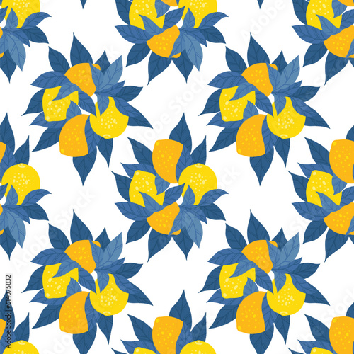 Modern texture with bush of hand drawn flat citrus fruits with leaves. Vector seamless pattern with bunch of lemons with blue foliage