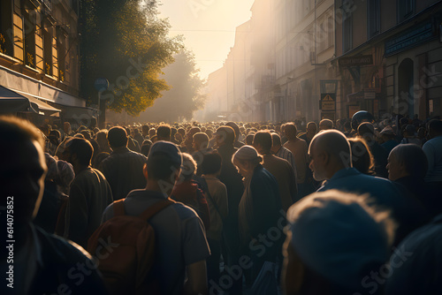 Silhouettes of a crowd of people on the streets of the city in the afternoon. Generative AI.