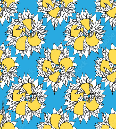 Seamless texture with bunch of outline yellow lemons with foliage on blue background. Vector pattern with contour bush of citrus fruits with leaves.