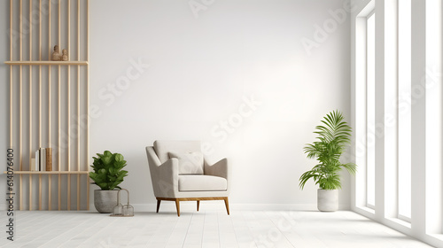 Modern minimalist interior with an armchair on empty white color wall background.