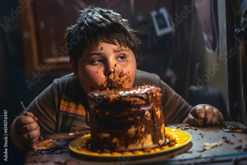 Fat boy eats a birthday cake, overeating dirty at the table. Generative AI. photo