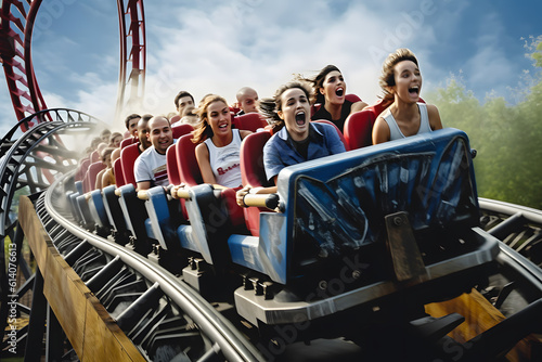 Emotions screaming with fright and joy ride people on trolleys in roller coaster turns. Generative AI.