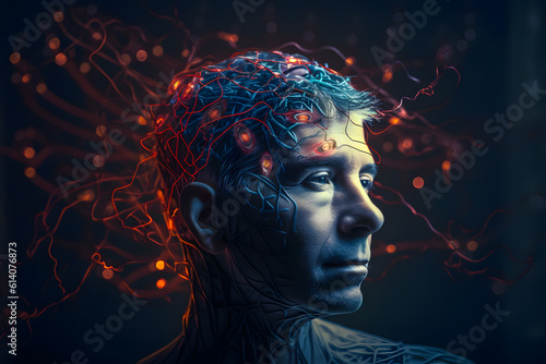 Profile of a male head connected by neurons to a computer processor server using connections abstract sci-fi concept  bionics and technology. Generative AI.