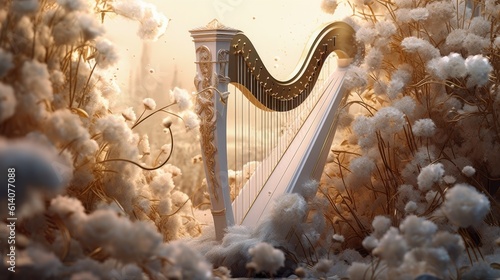 Fotografie, Obraz A harp surrounded by white flowers and feathers