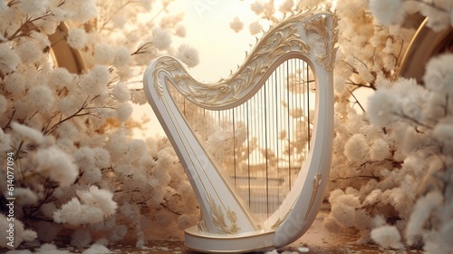 A harp surrounded by white flowers and feathers photo