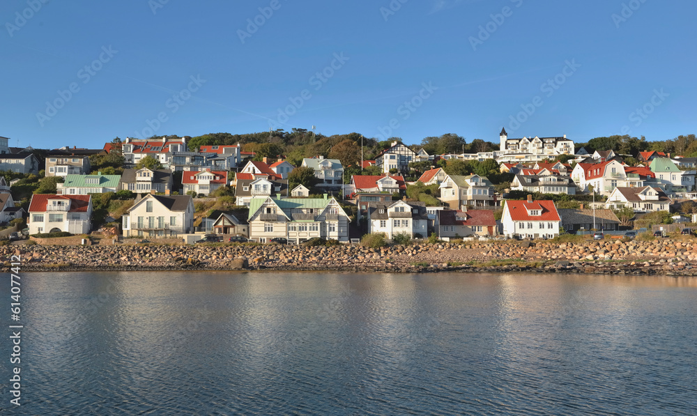  view of a seaside village Molle built on the hill by the water in sweden