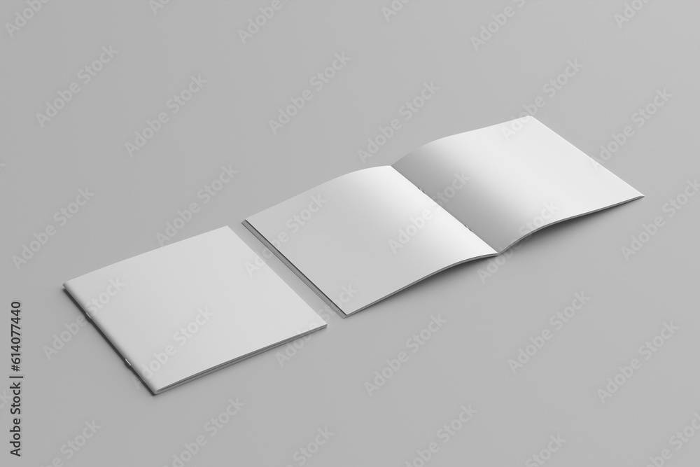 Blank square brochure magazine isolated on grey, 3d illustration Blank square brochure magazine isolated on grey, 3d illustration