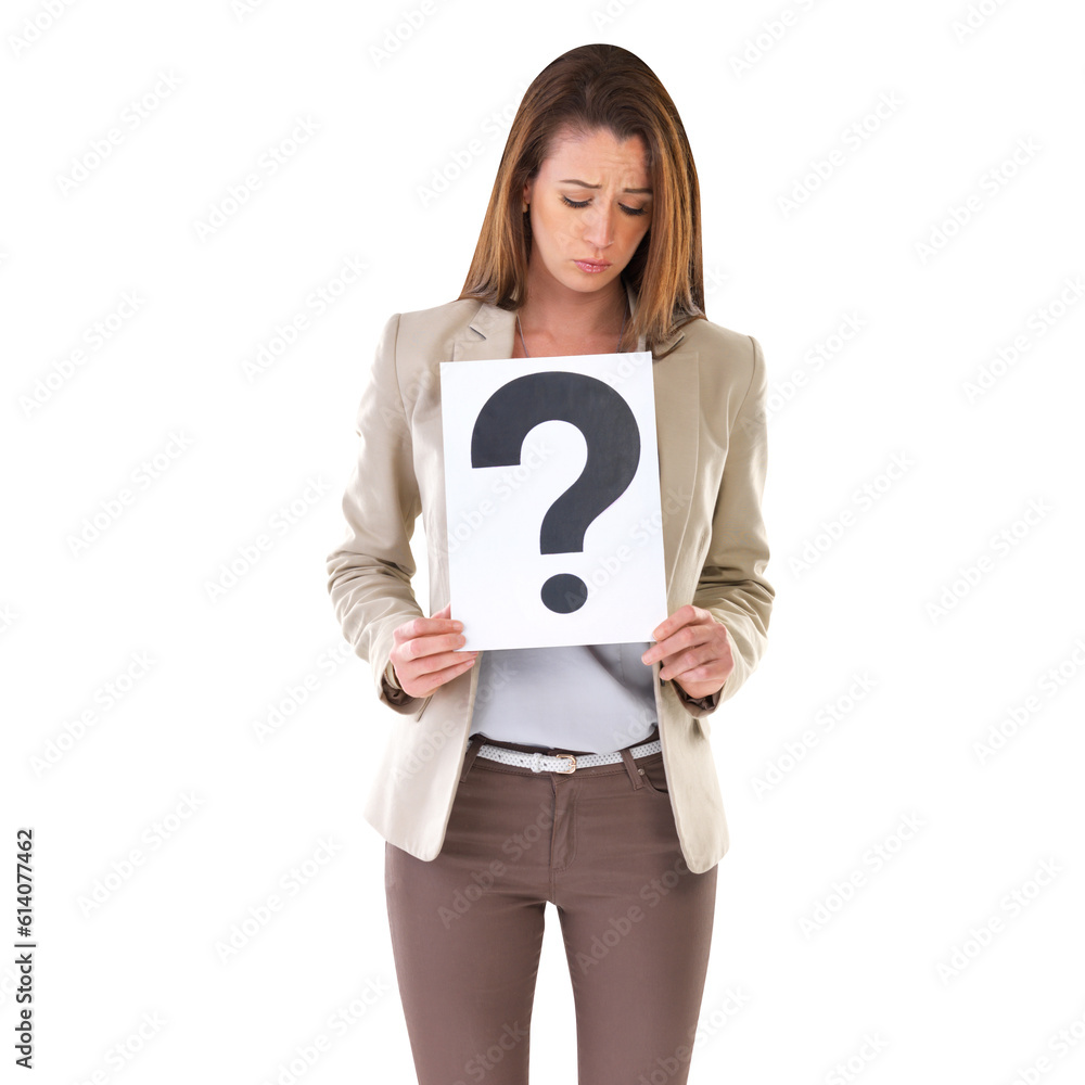 Question mark, sad woman with doubt and ask poster isolated on a