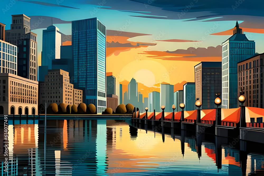 Obraz premium Cityscape at sunset with reflection in the water. Vector illustration, generative ai