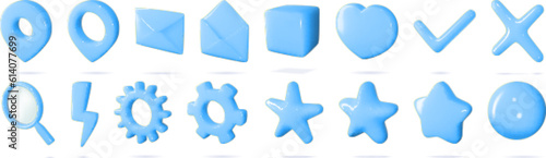 3d icon vector set of isolated sings for buttons in cartoon style. Blue set. Settings, search, flash, map geotag concept. Haert for like, yes and no, review and rating buttons.