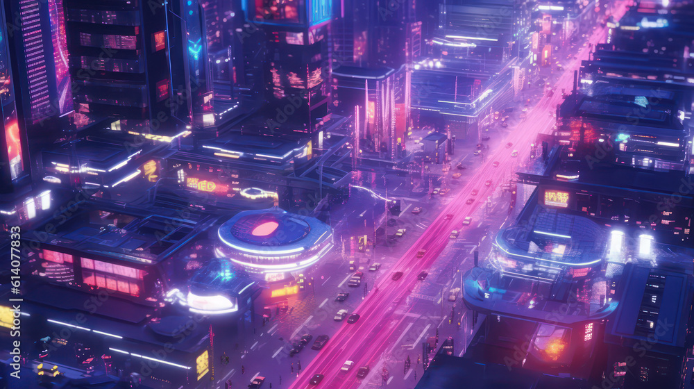 Obraz premium A spectacular bird’s eye view of a futuristic city in cyberpunk style with skyscrapers and neon lights. This image showcases the atmosphere and aesthetic of a sci-fi world AI Generative