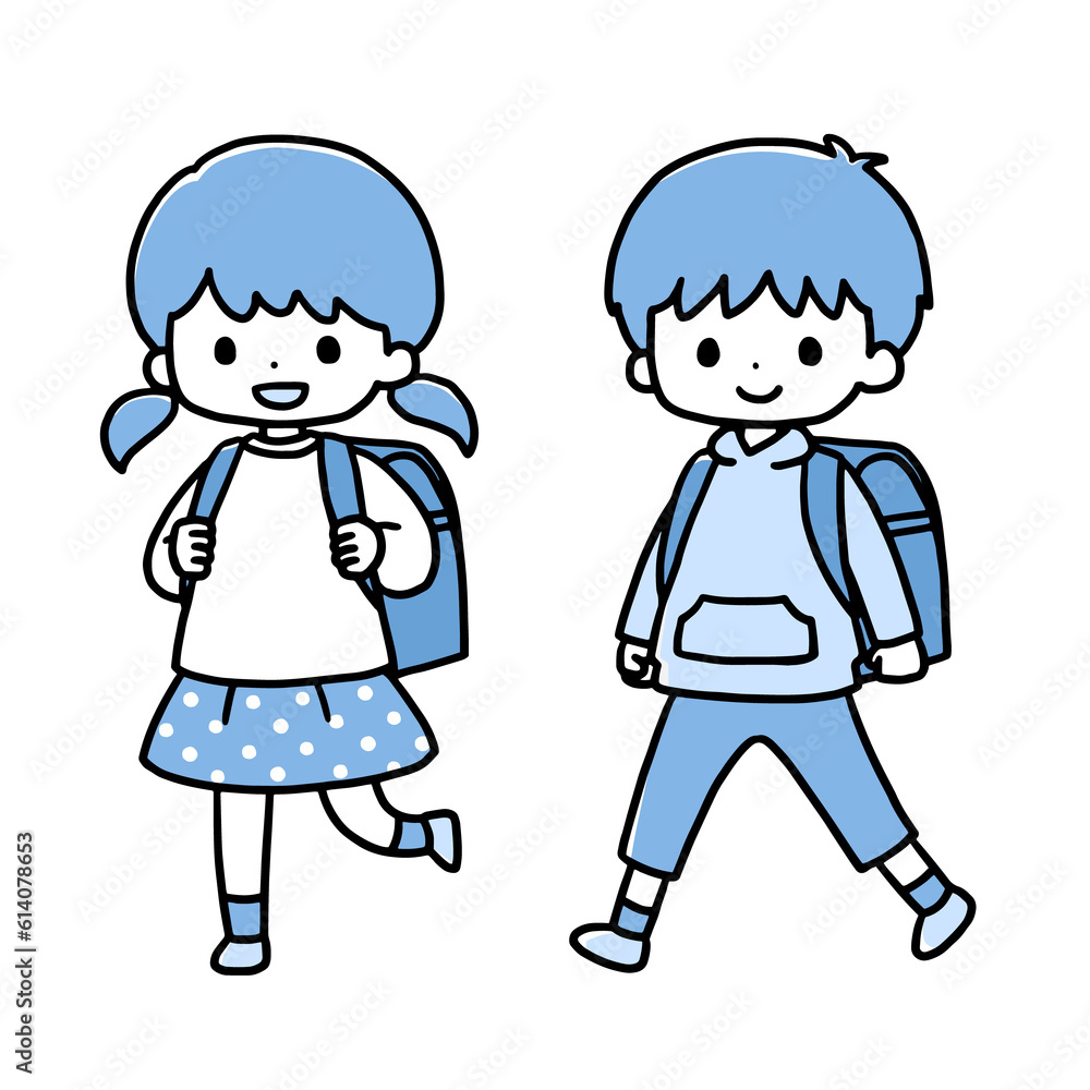 歩く小学生の女の子と男の子