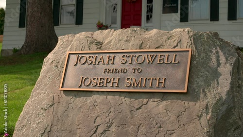 Close up on the plaque Original Historic House of Josiah Stowell friend of Joseph Smith hired him for money or Treasure digging in the early 1820s where he stayed when he got married. Mormon Origins. photo