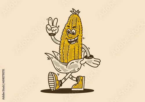 Mascot character design of a corn is walking happily