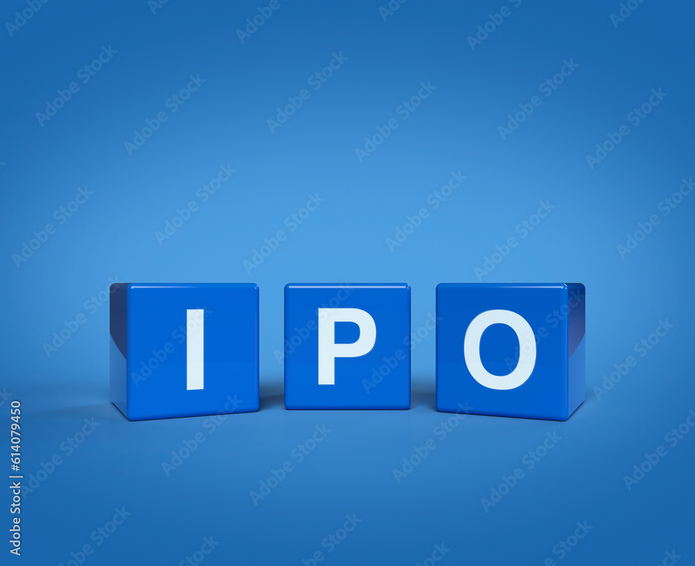 3d rendering, illustration of IPO letter on block cubes on blue background, Initial public offering concept