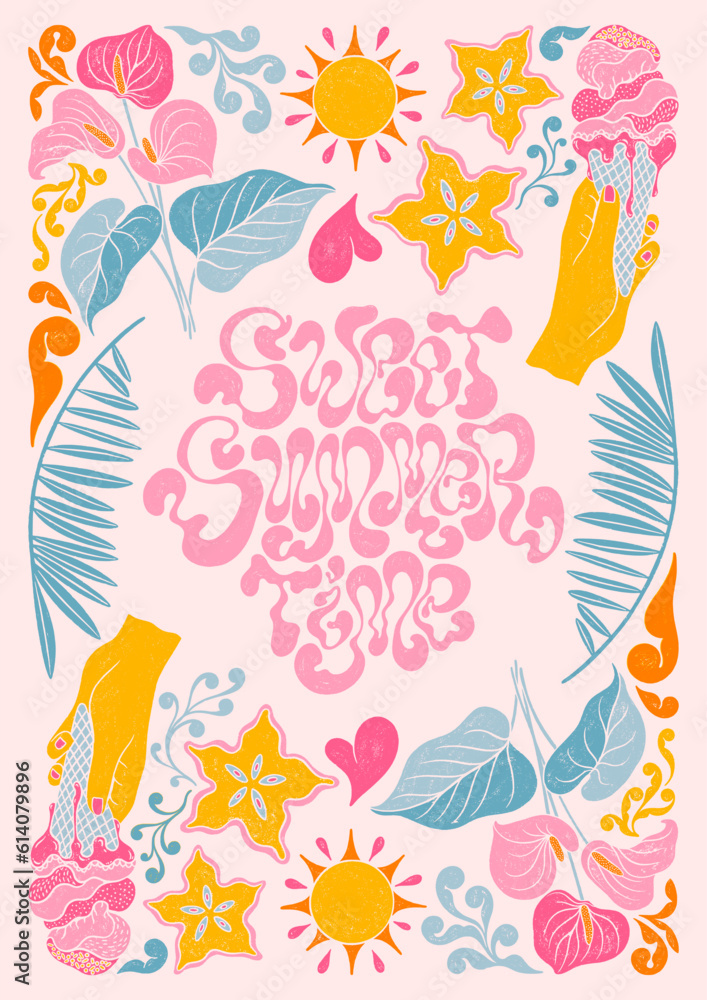 Sweet summer time - trendy liquid hand written lettering quote. Floral leaves decorative elements, exotic fruits, ice-cream, palm leaves, Anthurium flower. Textured linocut stylehand drawn ornament.