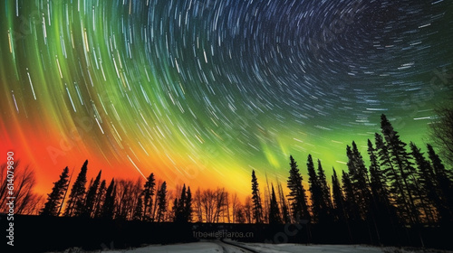  Embark on a visual feast with this breathtaking time-lapse capturing the dance of the Northern Lights. A mesmerizing spectacle of swirling colors across the night sky  igniting th Generative AI