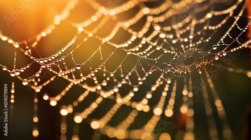 "Nature's delicate artistry takes center stage in this macro photograph of a dew-kissed spiderweb. Marvel at the intricate patterns that nature weaves, glistening in the morning li Generative AI