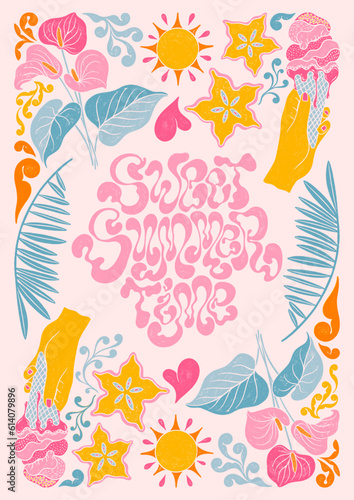 Sweet summer time - trendy liquid hand written lettering quote. Floral leaves decorative elements, exotic fruits, ice-cream, palm leaves, Anthurium flower. Textured linocut stylehand drawn ornament.