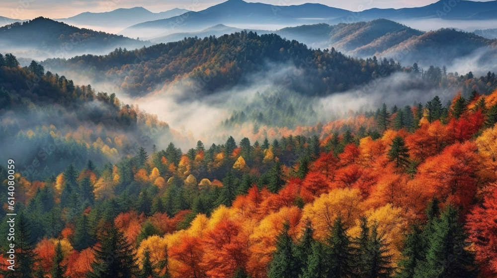 Witness nature's masterpiece unfold as vibrant autumn leaves paint the landscape in a breathtaking symphony of colors Generative AI - obrazy, fototapety, plakaty 