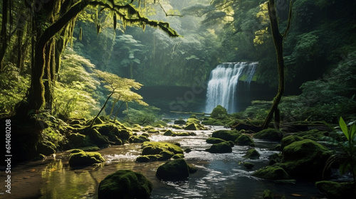 Find solace in nature's embrace: Immerse yourself in a lush, emerald-green forest, where a cascading waterfall whispers melodies of serenity, inviting you to reconnect with the ess Generative AI © Julia