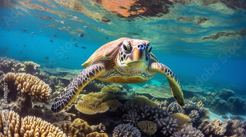 Embark on an underwater adventure: Dive into the depths of the ocean, where vibrant coral reefs burst with life, and graceful sea turtles glide through an enchanting underwater rea Generative AI