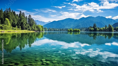 Witness the epitome of tranquility  A serene  crystal-clear lake nestled amidst majestic mountains  reflecting their magnificence like a mirror. Nature s own paradise   Generative AI