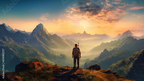 "Embark on an epic adventure as a lone hiker stands at the edge of a towering mountain peak, overlooking a vast expanse of untouched wilderness Generative AI