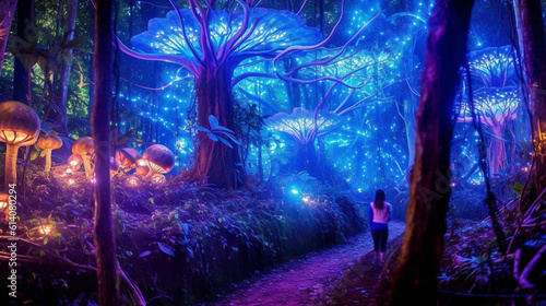 Step into a surreal dreamscape where a mystical forest glows with enchanting bioluminescence  transporting you to a world straight out of a fairytale.  Generative AI