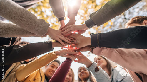 A gathering of young adults clasping their hands in unity - Diverse group of university students joining hands in a stack - The notion of human connection, societal bonds, communal Generative AI photo