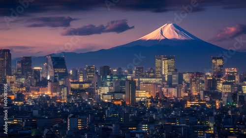 Tokyo skyline at night with view of Mount Fuji in the background