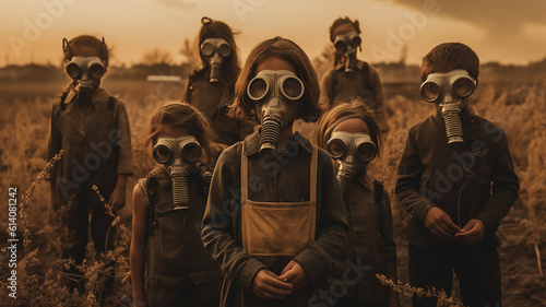 children with a gas masks on the apocalypse day to prevent from pollution