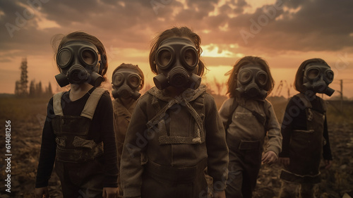 children with a gas masks on the apocalypse day to prevent from pollution