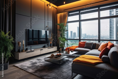 Elegant designed living room with window wall, big television screen and wooden elements