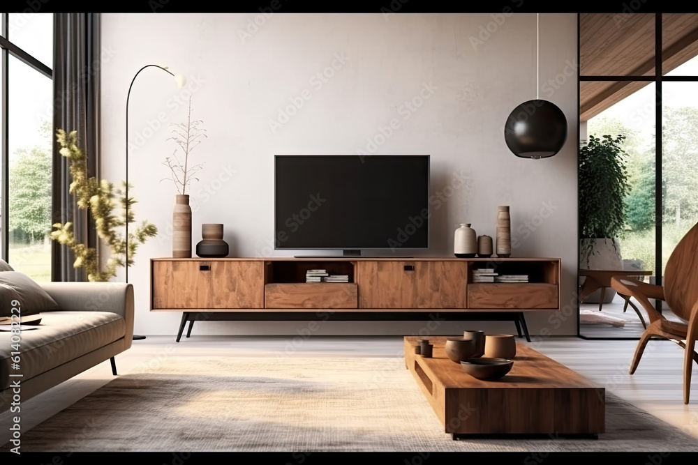 There are sofas and chairs with pillows in the modern living room including a creative wooden table with ornaments items on it. Long cupboard or TV stand with a vases close to the white wall There are sofas and chairs with pillows in the modern living room including a creative wooden table with ornaments items on it. Long cupboard or TV stand with a vases close to the white wall