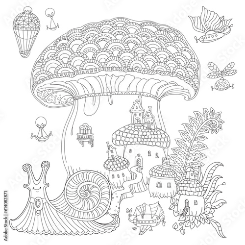 Fantasy landscape. Fairy tale snail, house in a mushroom, flying steam punk air baloons. Coloring book page for adults and children