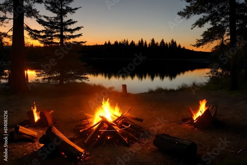Glowing campfire by the lake. Sunset with open flames, fire, and logs. Camping on the beach at night. Serene lake landscape