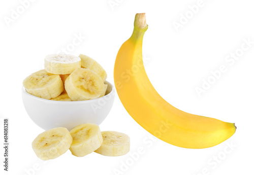 slice banana in bowl on transparent png