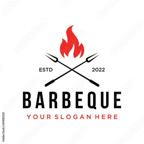 BBQ hot grill vintage typography logo template design with crossed flames and spatula. Logo for restaurant, badge, cafe and bar.