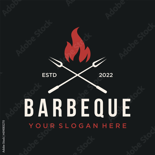 BBQ hot grill vintage typography logo template design with crossed flames and spatula. Logo for restaurant, badge, cafe and bar.