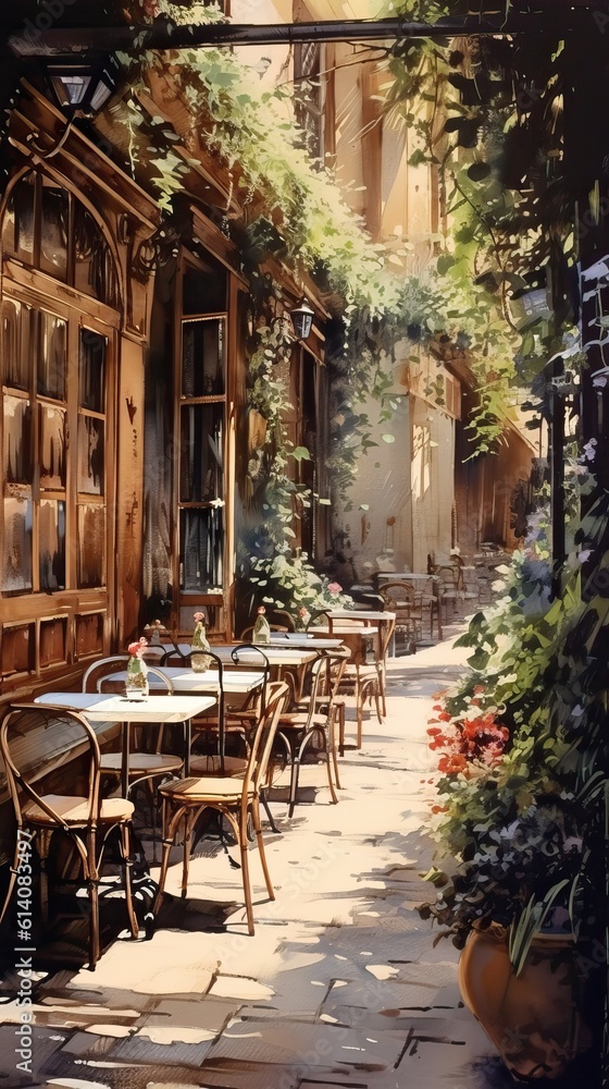 Obraz premium Retro charming café with terrace, Parisian style oil painting, generative ai