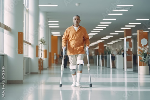 Hospital Physical Therapy , rehabilitation of a patient with a leg injury, a modern medical center , Robotic Exoskeleton Legs , Created with Generative Ai Technology