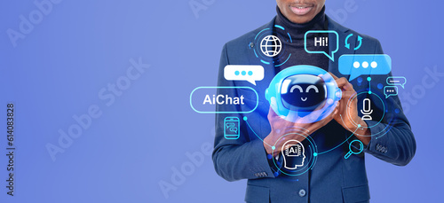 Black man with device using AI chat bot, robot communication and copy space