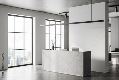 Photography Cozy stylish barber shop with reception desk, laptop and panoramic window