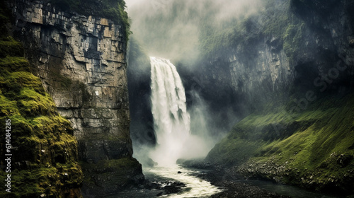 An awe-inspiring image of a massive waterfall cascading down rugged cliffs  creating a powerful display of nature s force.  Keywords  waterfall  rugged cliffs  awe-inspiring  power Generative AI