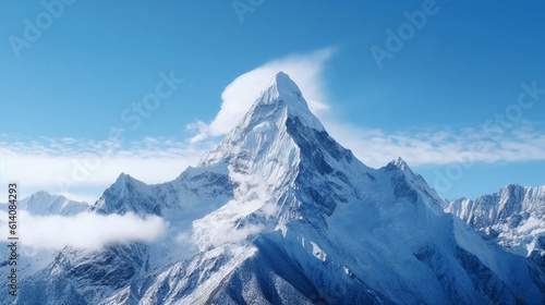 A stunning shot of a snow-capped mountain peak, standing majestically against a clear blue sky." Keywords: snow-capped mountain, peak, stunning, majestically. Generative AI © Julia